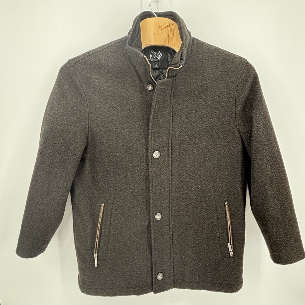 Jos. A. Bank Men's Brown Wool Car Coat Jacket Quilted Lined Zip Front Size L